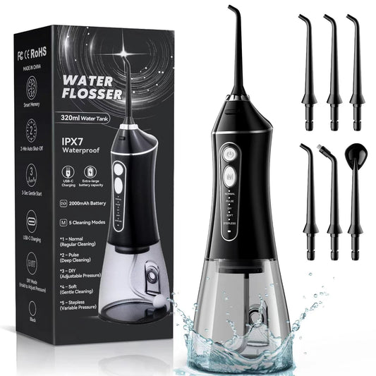 Cordless Water Flosser for Teeth with 6 Jet Tips, DIY 5 Modes 320ML Tank IPX7 Waterproof Portable Rechargeable Water Pick for Dental Hygiene Cordless for Home and Travel, Black
