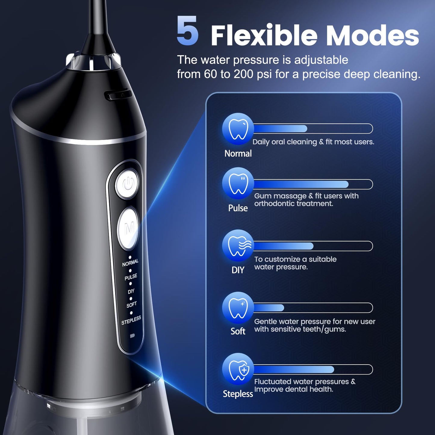 Cordless Water Flosser for Teeth with 6 Jet Tips, DIY 5 Modes 320ML Tank IPX7 Waterproof Portable Rechargeable Water Pick for Dental Hygiene Cordless for Home and Travel, Black