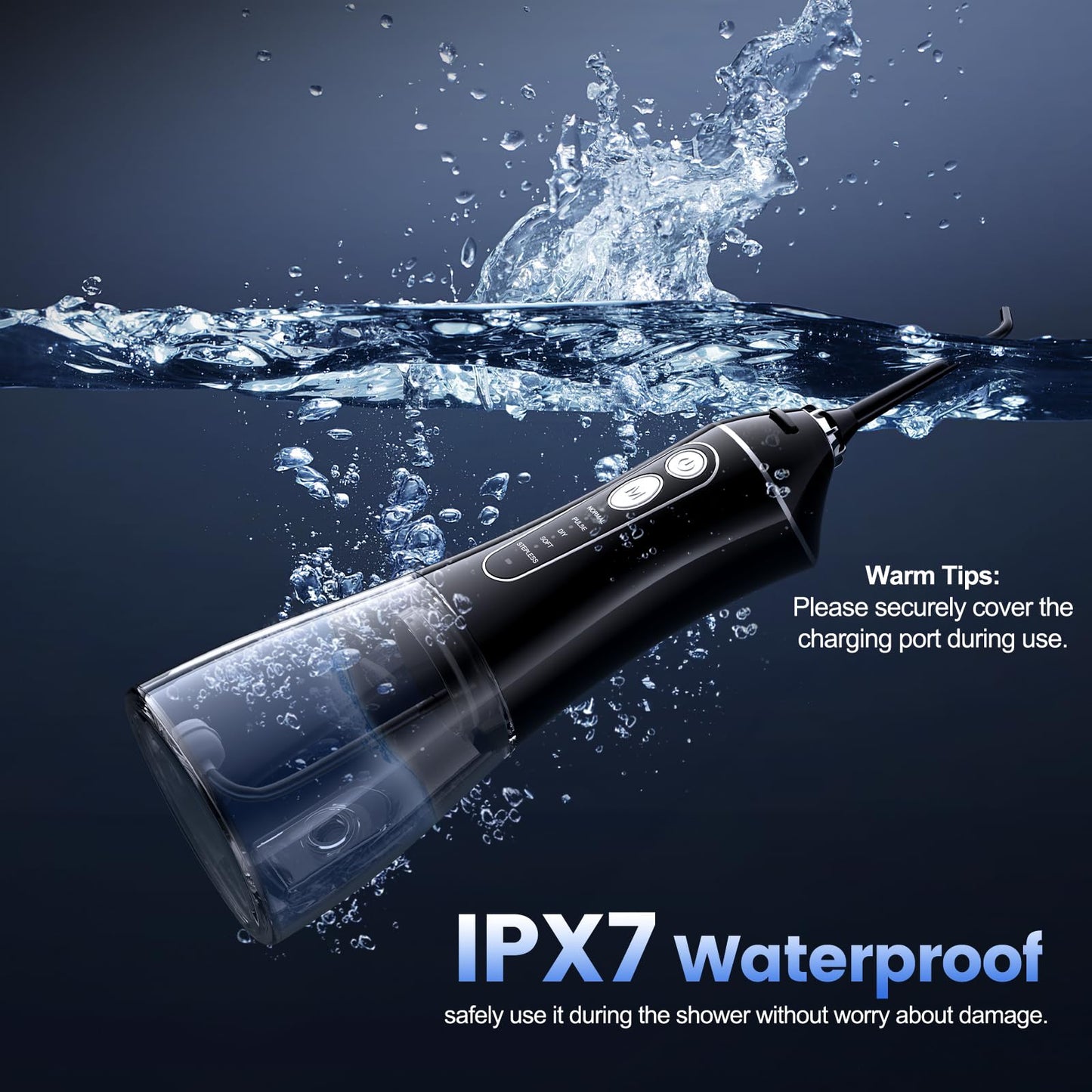 Cordless Water Flosser for Teeth with 6 Jet Tips, DIY 5 Modes 320ML Tank IPX7 Waterproof Portable Rechargeable Water Pick for Dental Hygiene Cordless for Home and Travel, Black