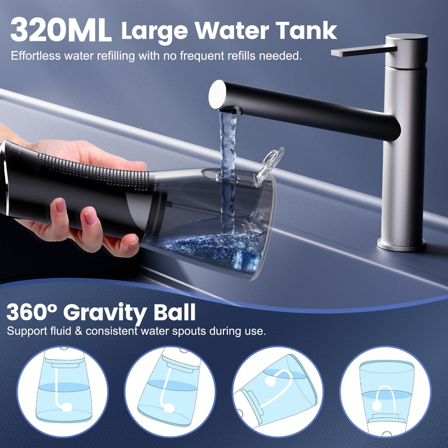 Cordless Water Flosser for Teeth with 6 Jet Tips, DIY 5 Modes 320ML Tank IPX7 Waterproof Portable Rechargeable Water Pick for Dental Hygiene Cordless for Home and Travel, Black