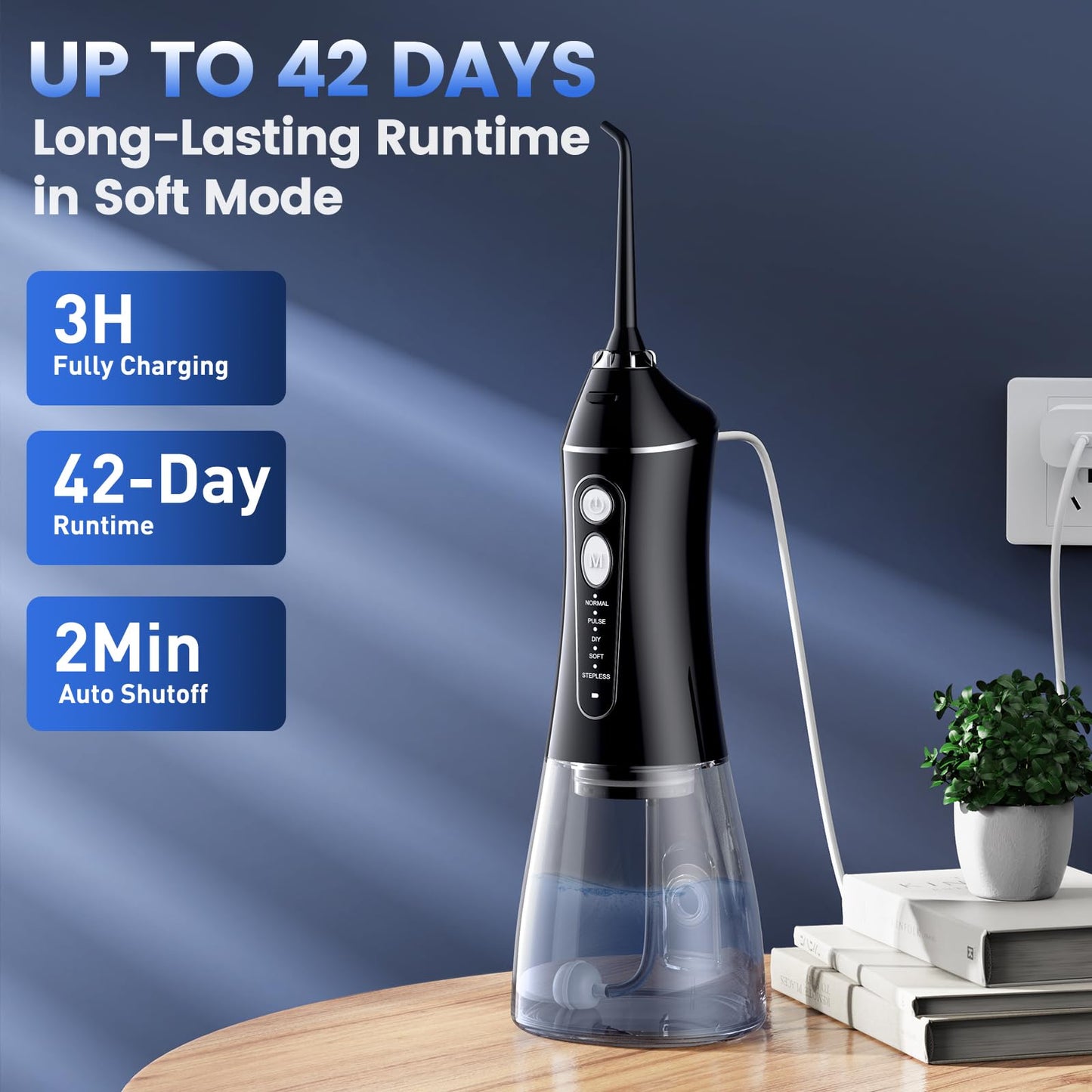 Cordless Water Flosser for Teeth with 6 Jet Tips, DIY 5 Modes 320ML Tank IPX7 Waterproof Portable Rechargeable Water Pick for Dental Hygiene Cordless for Home and Travel, Black