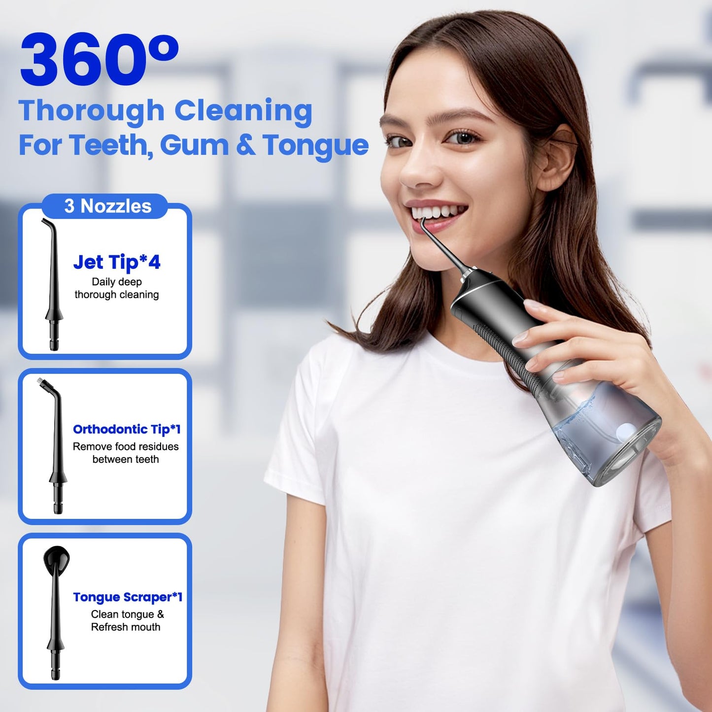 Cordless Water Flosser for Teeth with 6 Jet Tips, DIY 5 Modes 320ML Tank IPX7 Waterproof Portable Rechargeable Water Pick for Dental Hygiene Cordless for Home and Travel, Black